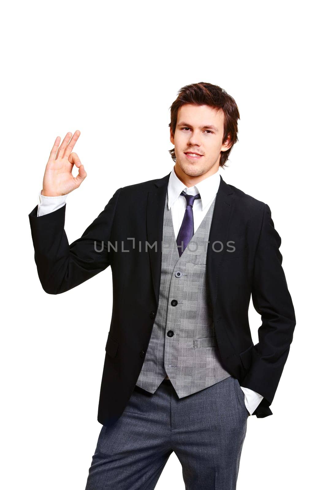 Portrait of stylish businessman in elegant suit over white background