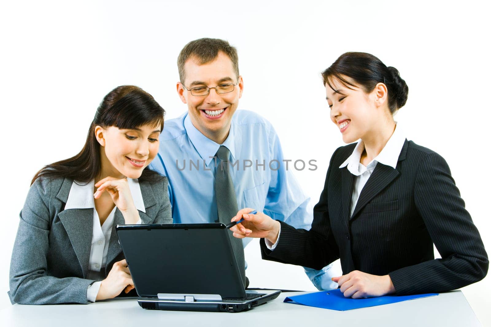 Image of successful business partners discussing a new project at meeting