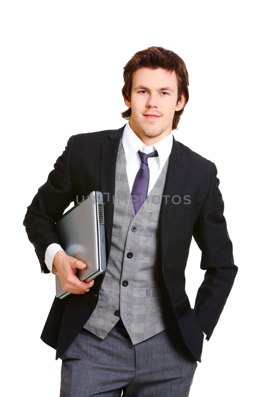 Confident businessman with laptop looking at camera on white background