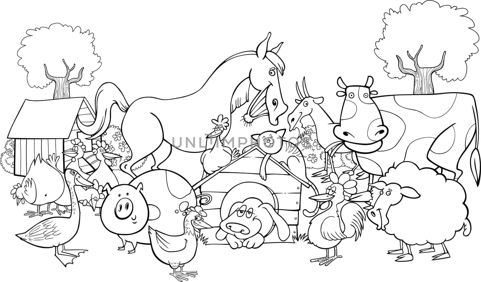 cartoon illustration of farm animals group for coloring book