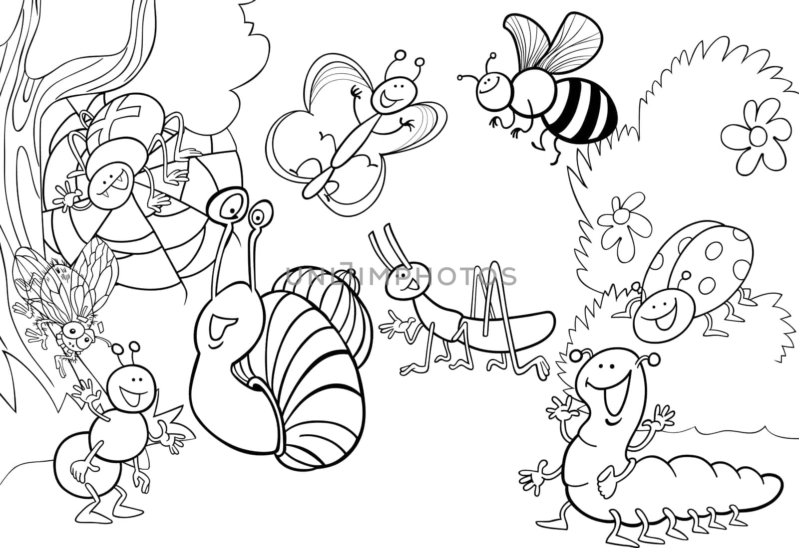 cartoon illustration of funny insects on the meadow for coloring book