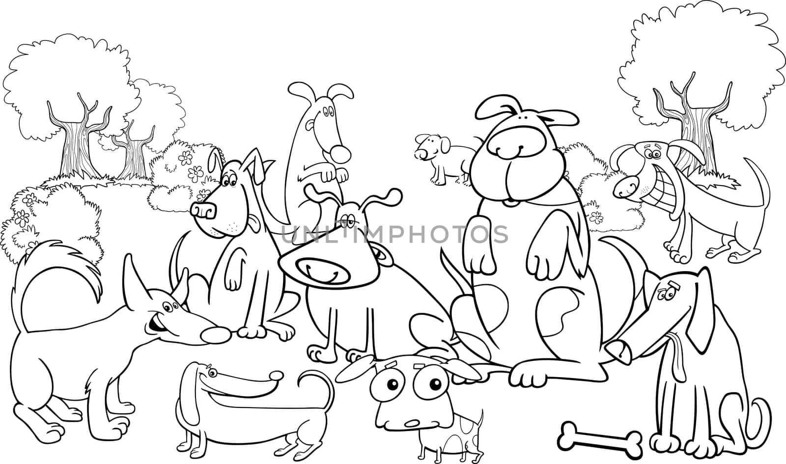 Cartoon Illustration of dogs on the meadow for coloring book