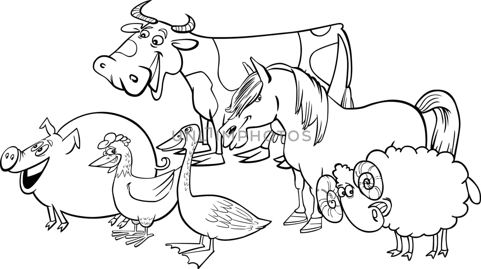 Cartoon illustration of funny farm animals group for coloring book