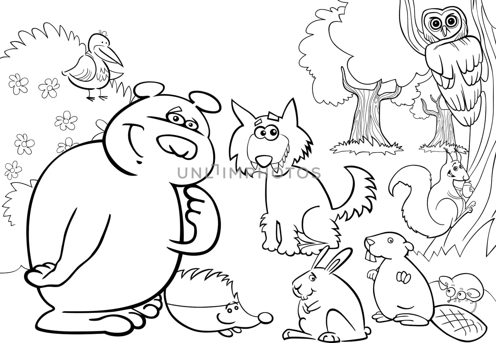 cartoon illustration of wild forest animals for coloring book