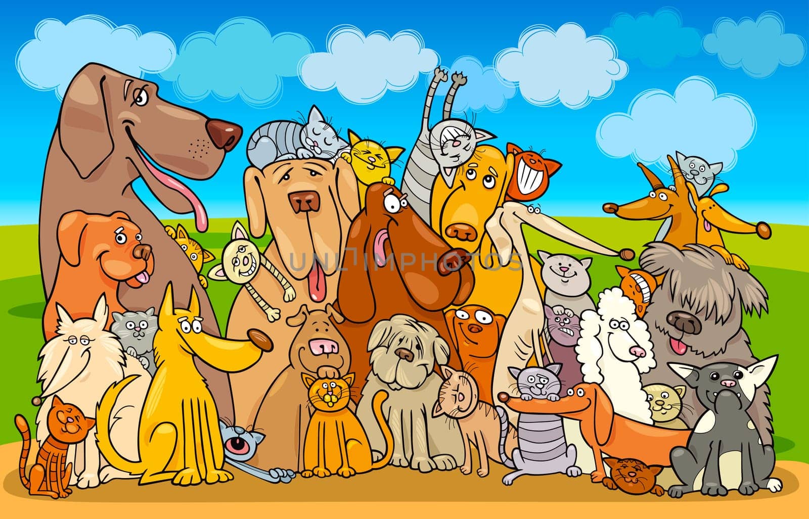 Illustration of group of Cats and Dogs against blue sky