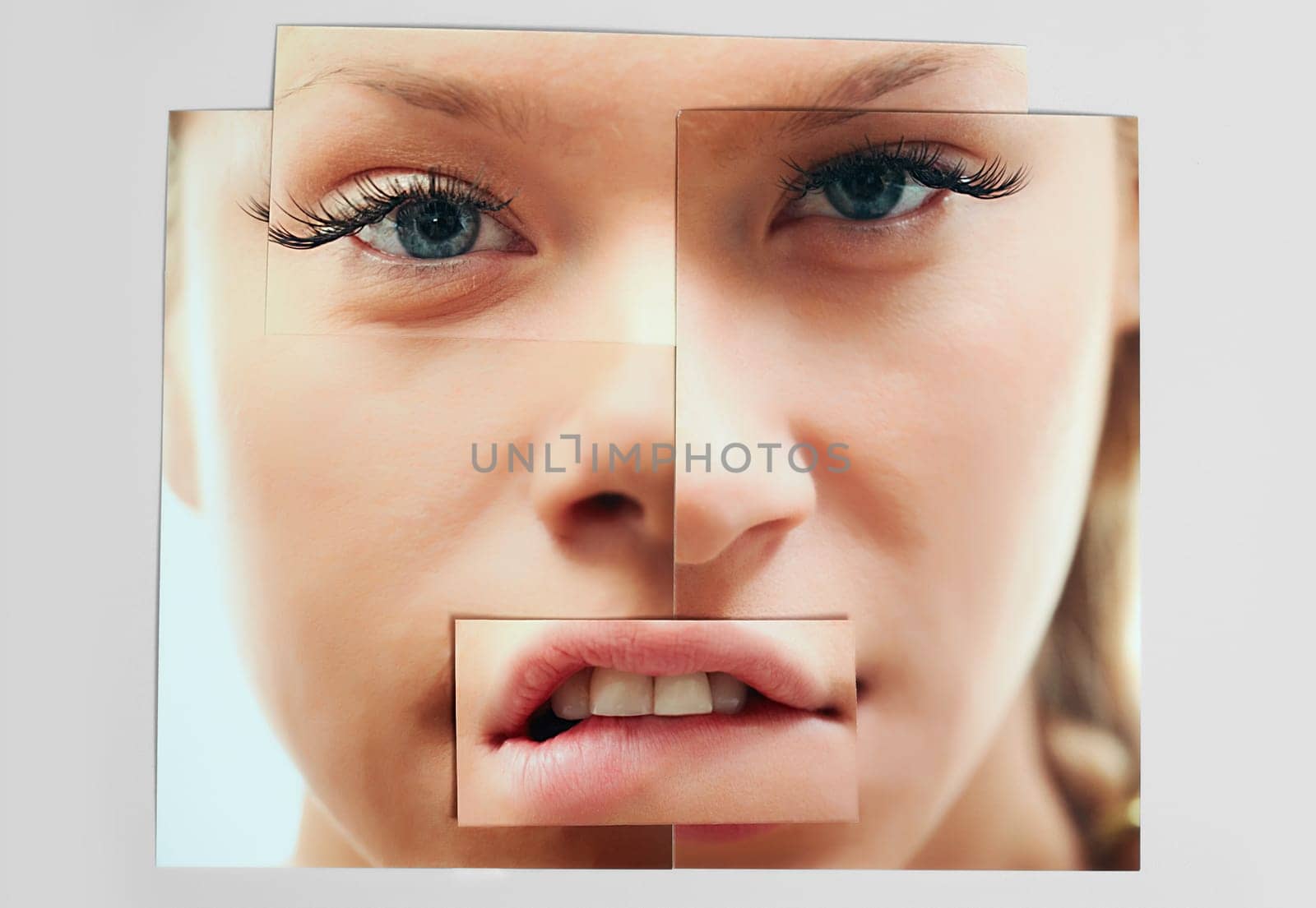 Face of young girl made up of cut images