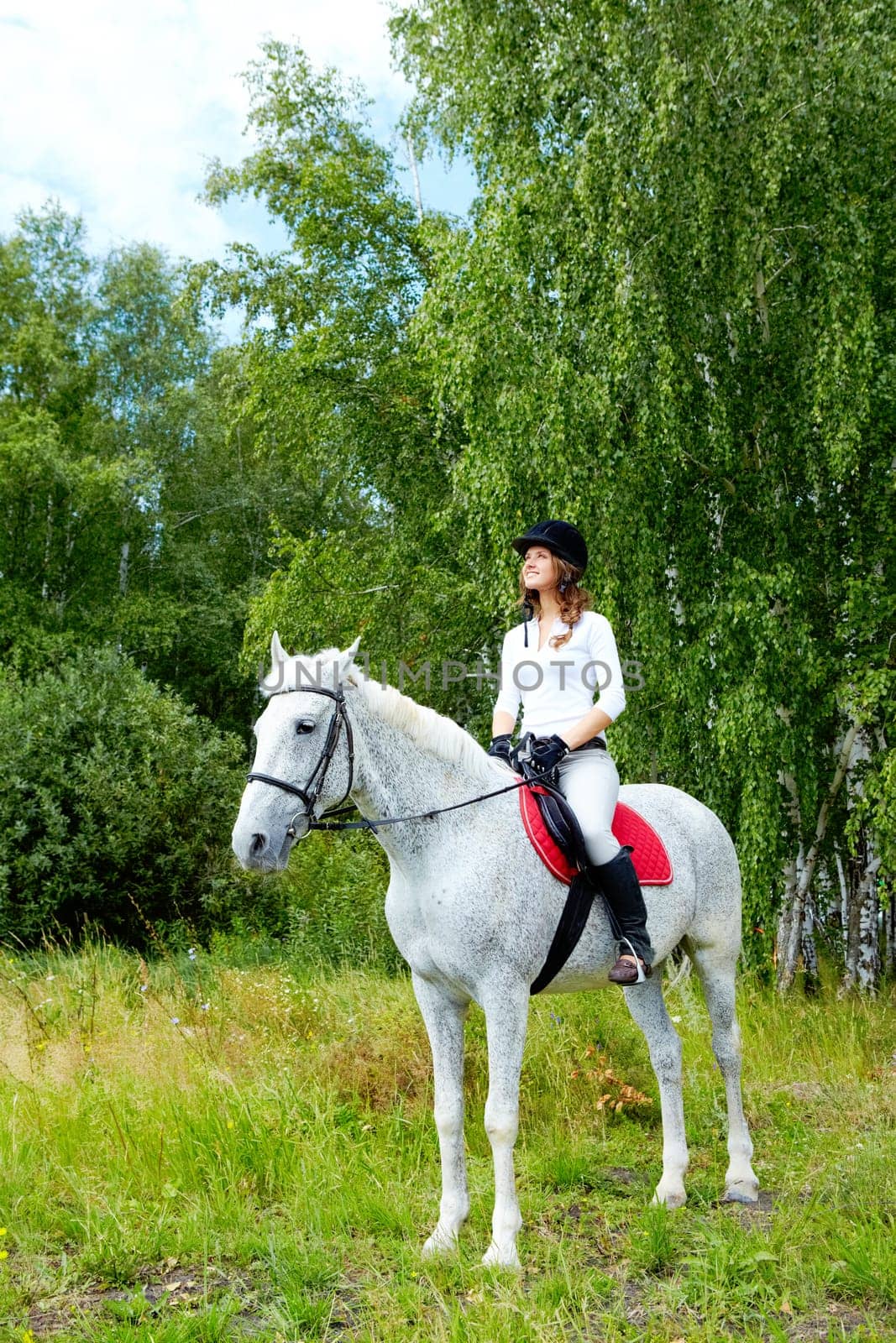 Image of happy female jockey sitting on appaloosa horse outdoors