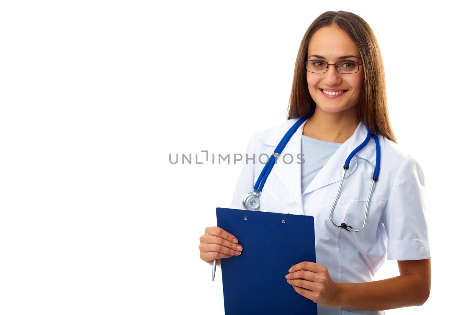 Portrait of confident female doctor looking at camera in isolation