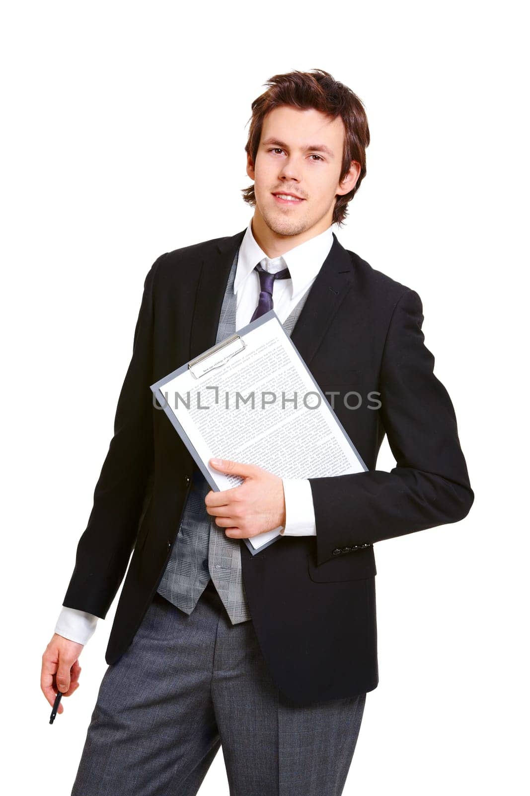 Confident businessman with clipboard looking at camera on white background