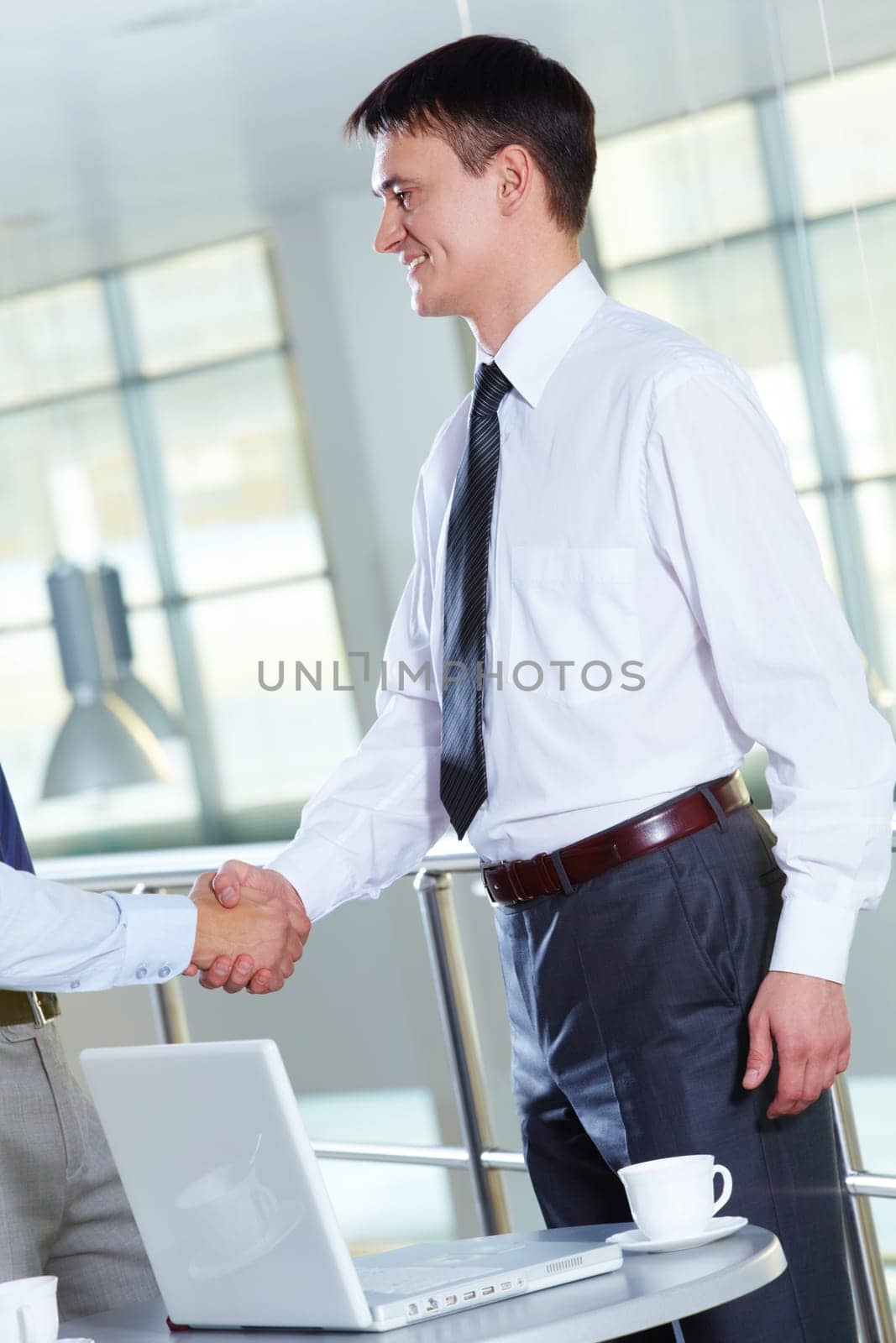 Portrait of businessman handshaking after signing contract