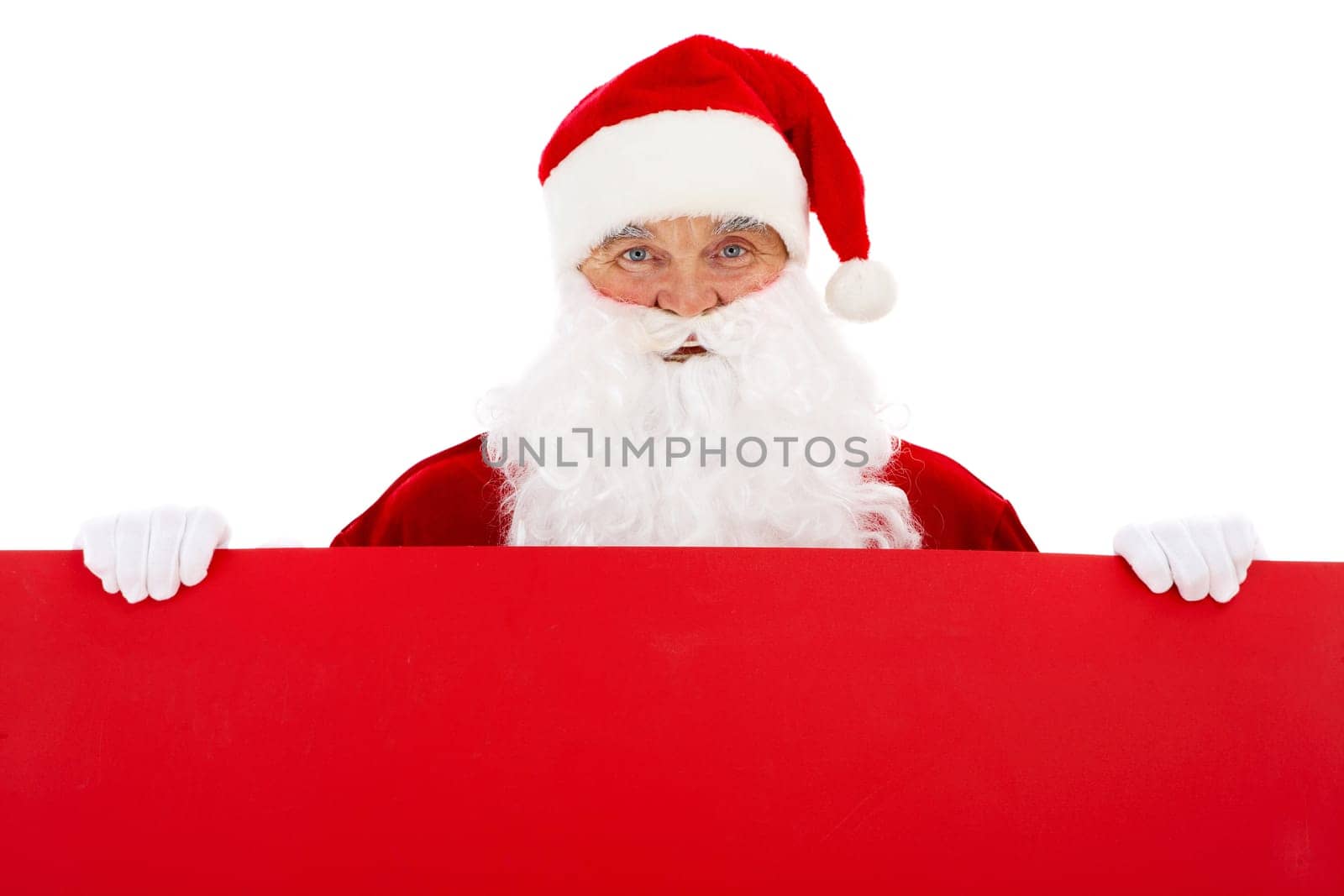 Photo of happy Santa Claus with red billboard