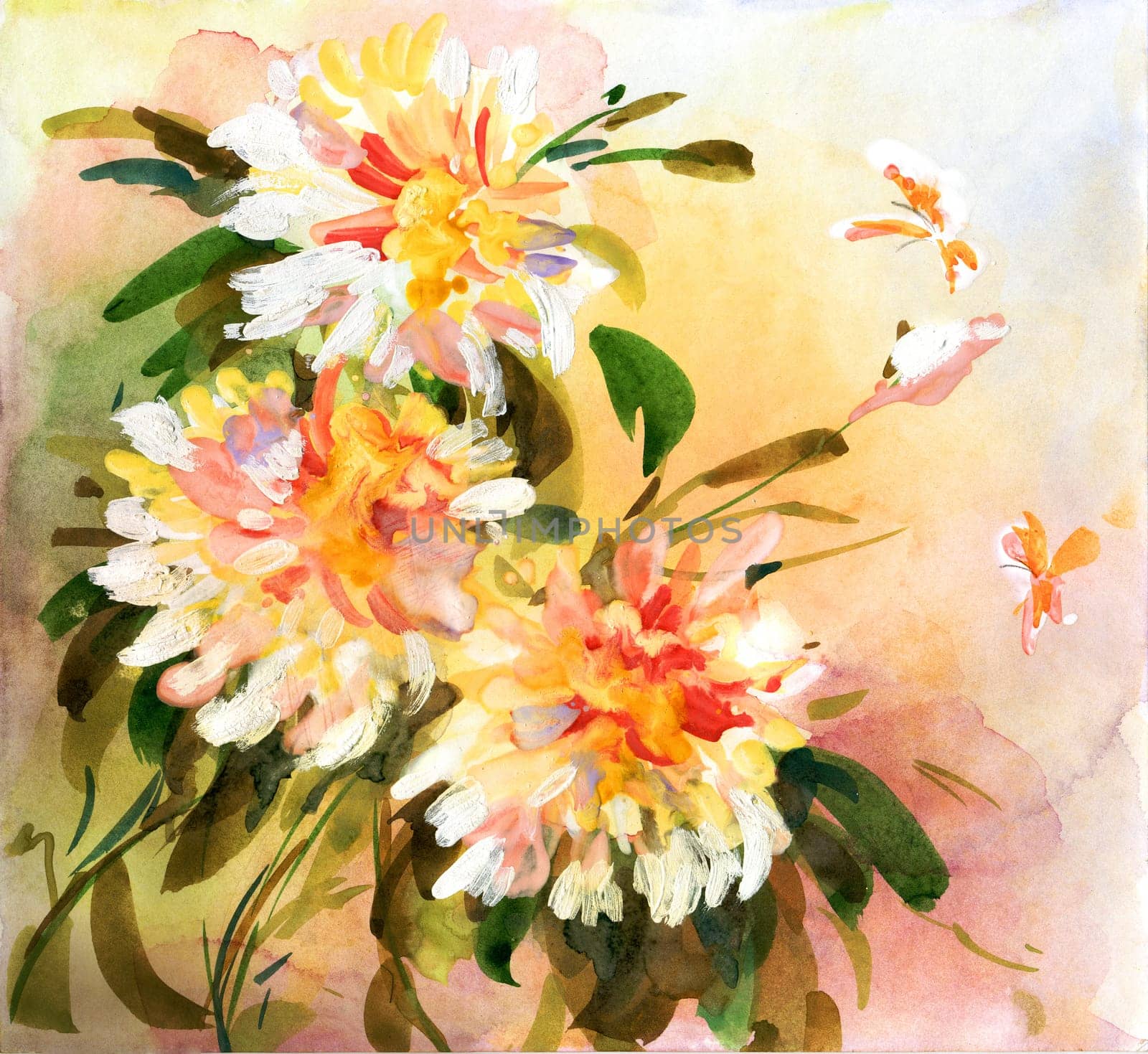 Painting of bright flowers with bright butterflies flying above