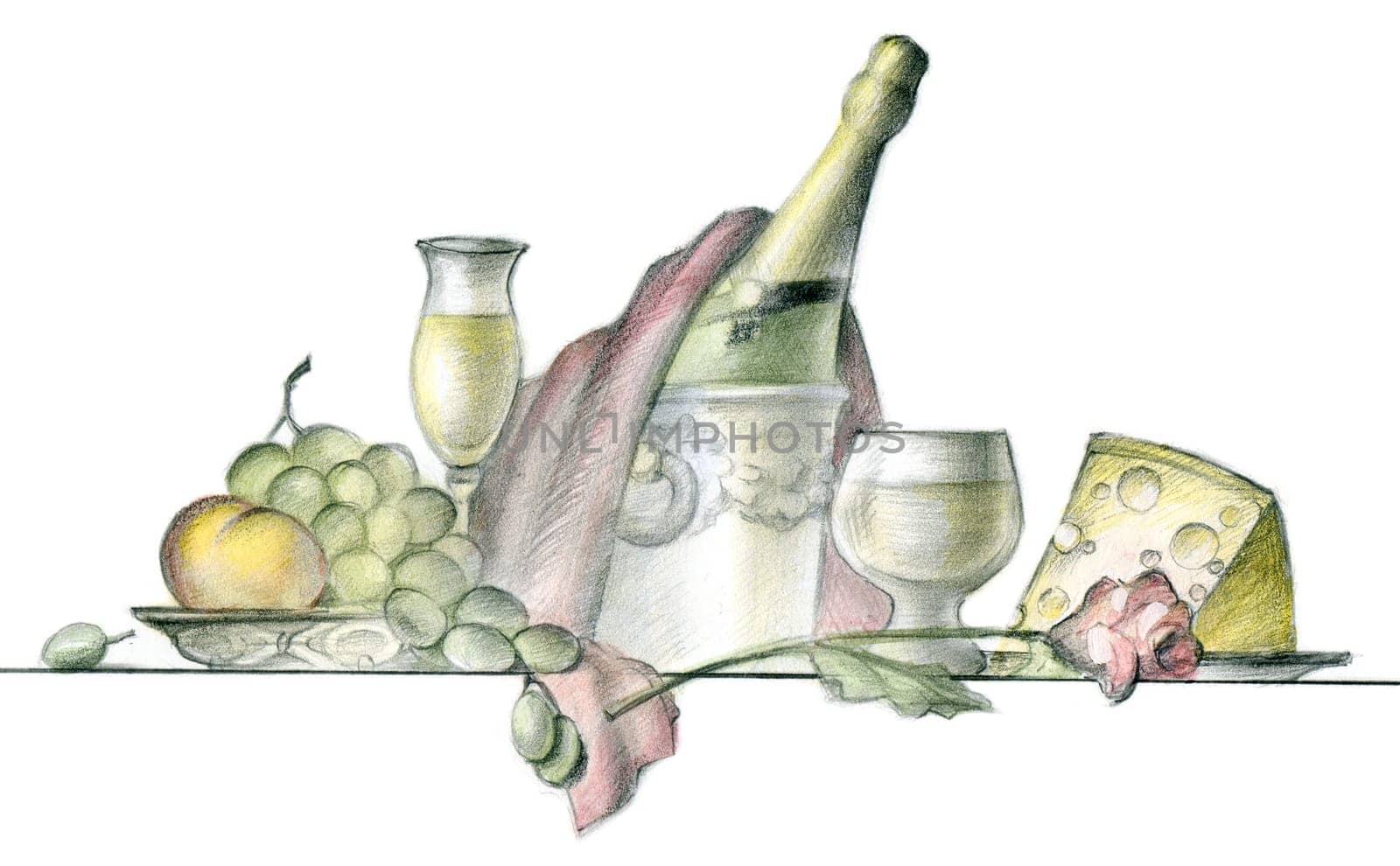 Painting of served table in restaurant over white background