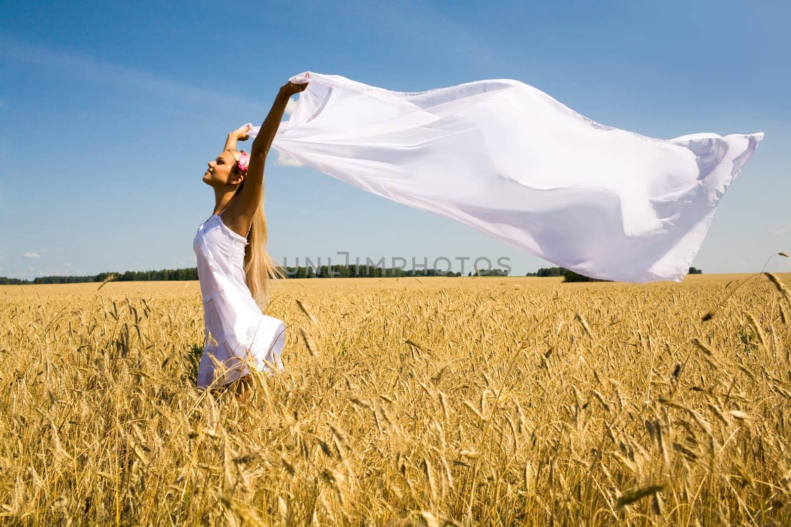 Image of happy woman holding a white fabric in wheat meadow