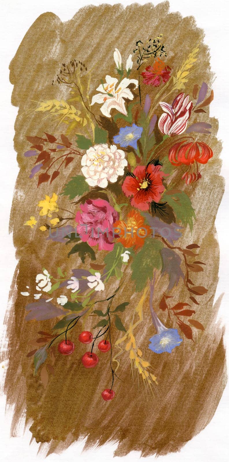 Picture of various flowers and berries on branches over brown background