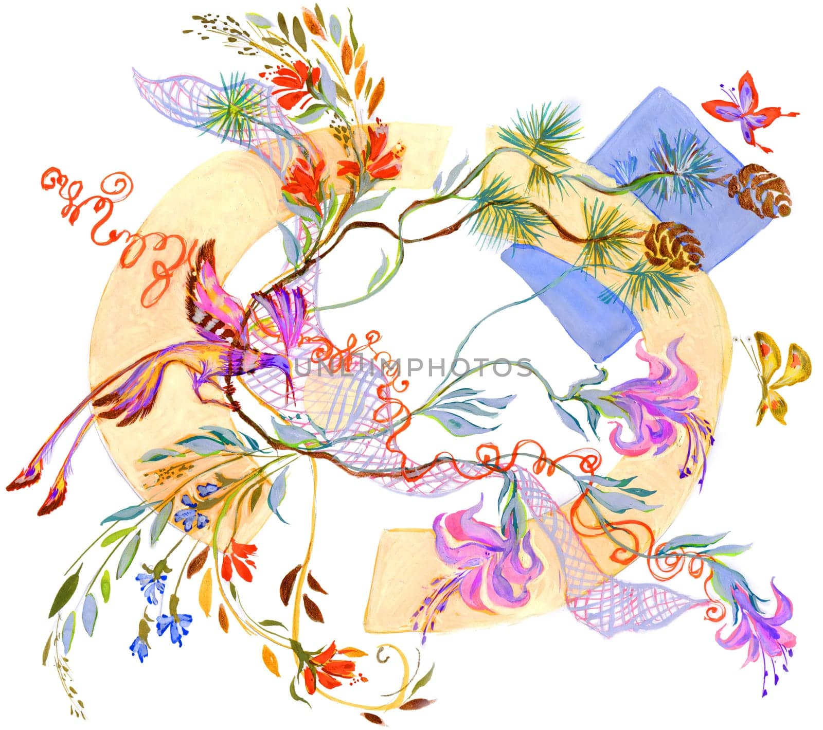 Painting of bright flowers with bright bird and flying butterflies near by