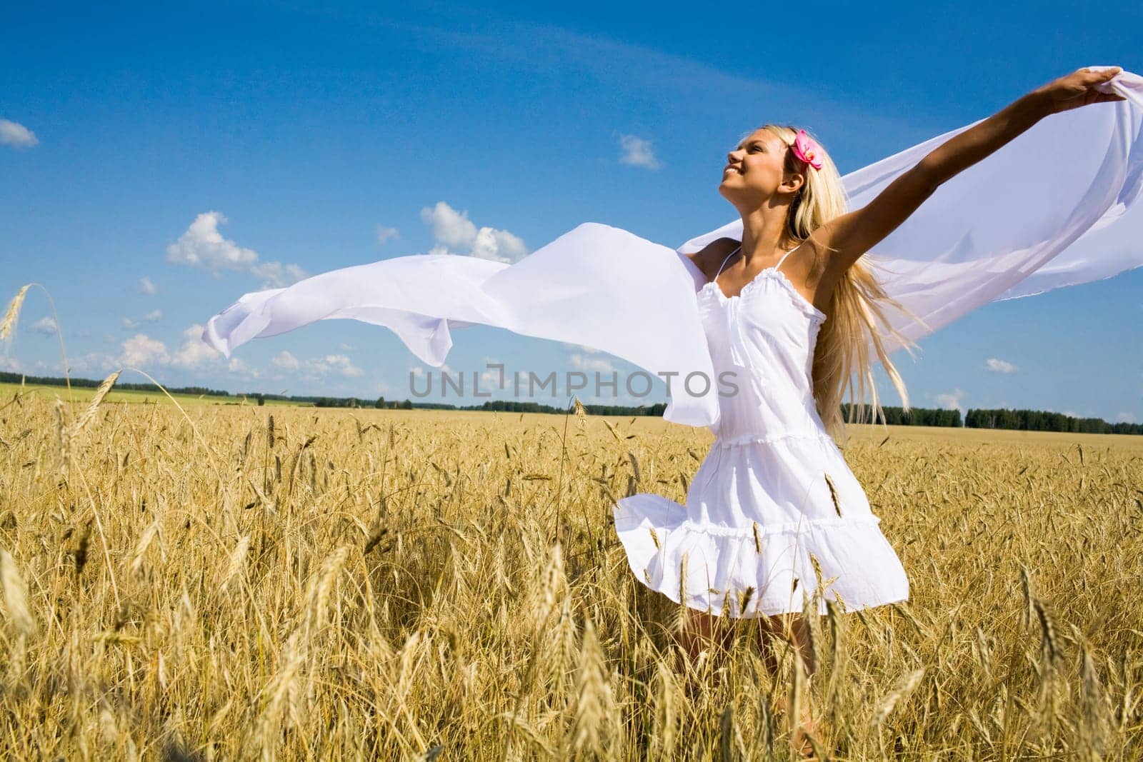 Photo of glad girl holding white chiffon shawl in wheat meadow and looking at sky