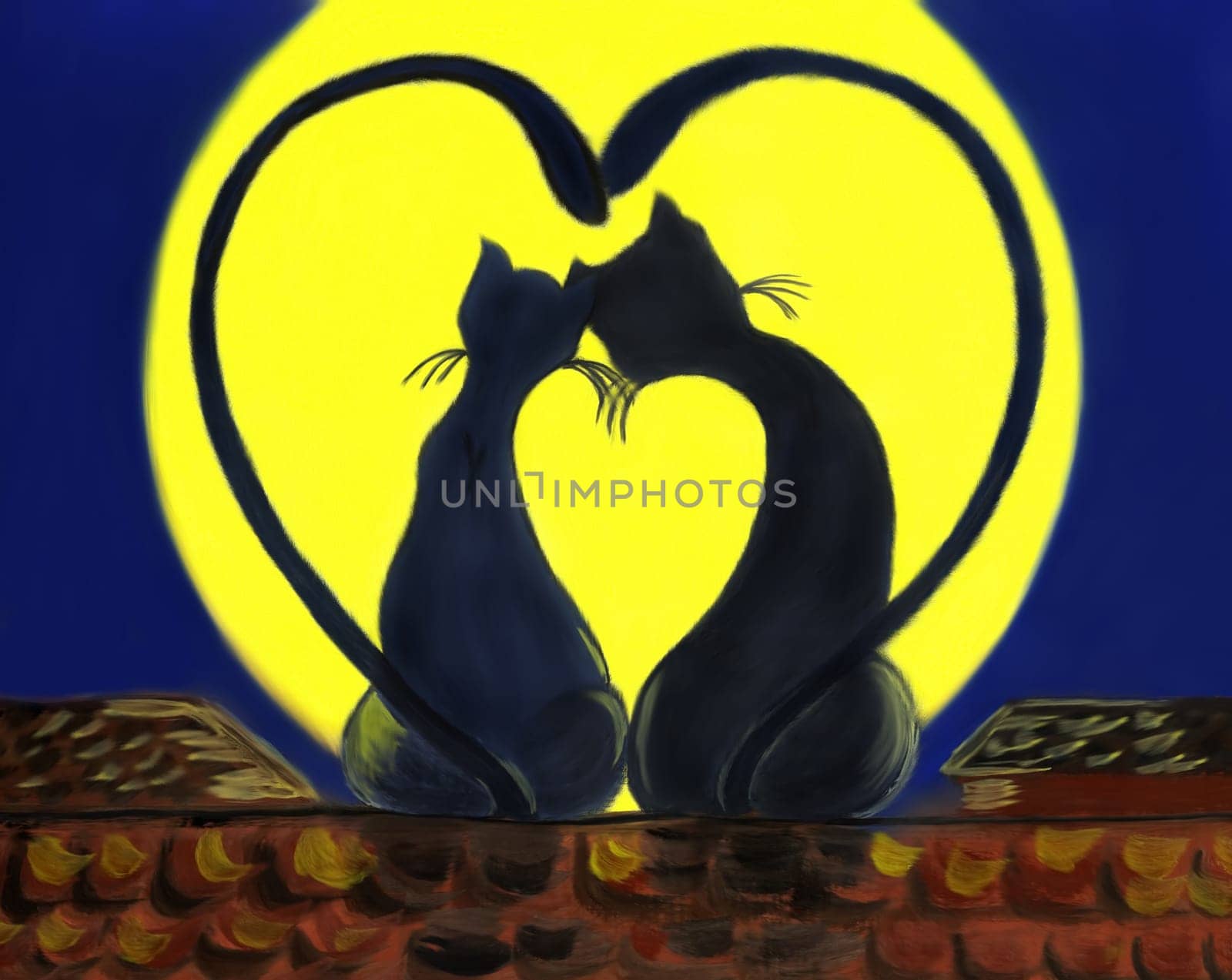 Picture of two black cats sitting on roof at night and looking at yellow moon