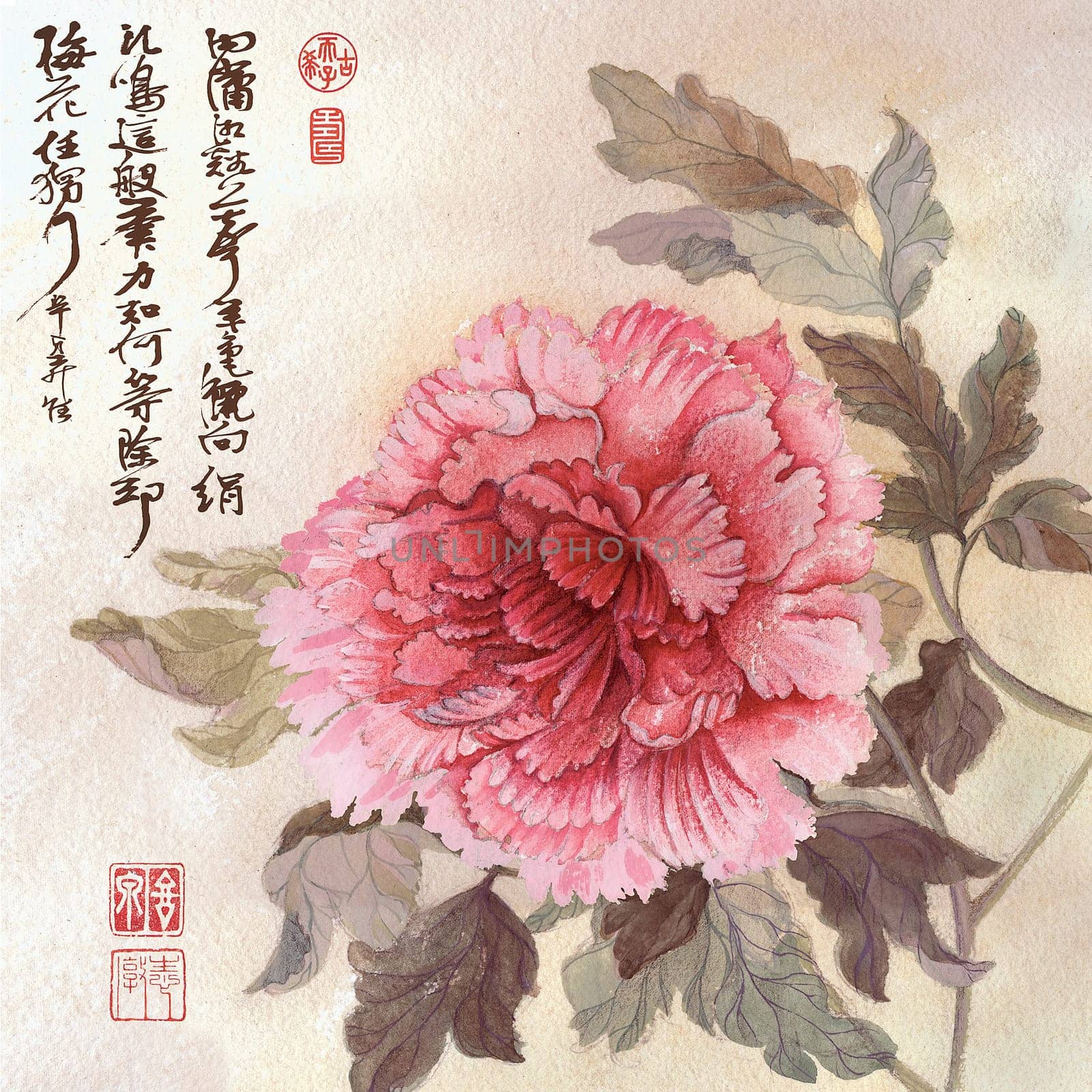 Painted pink peony on beige background with Chinese calligraphy near by