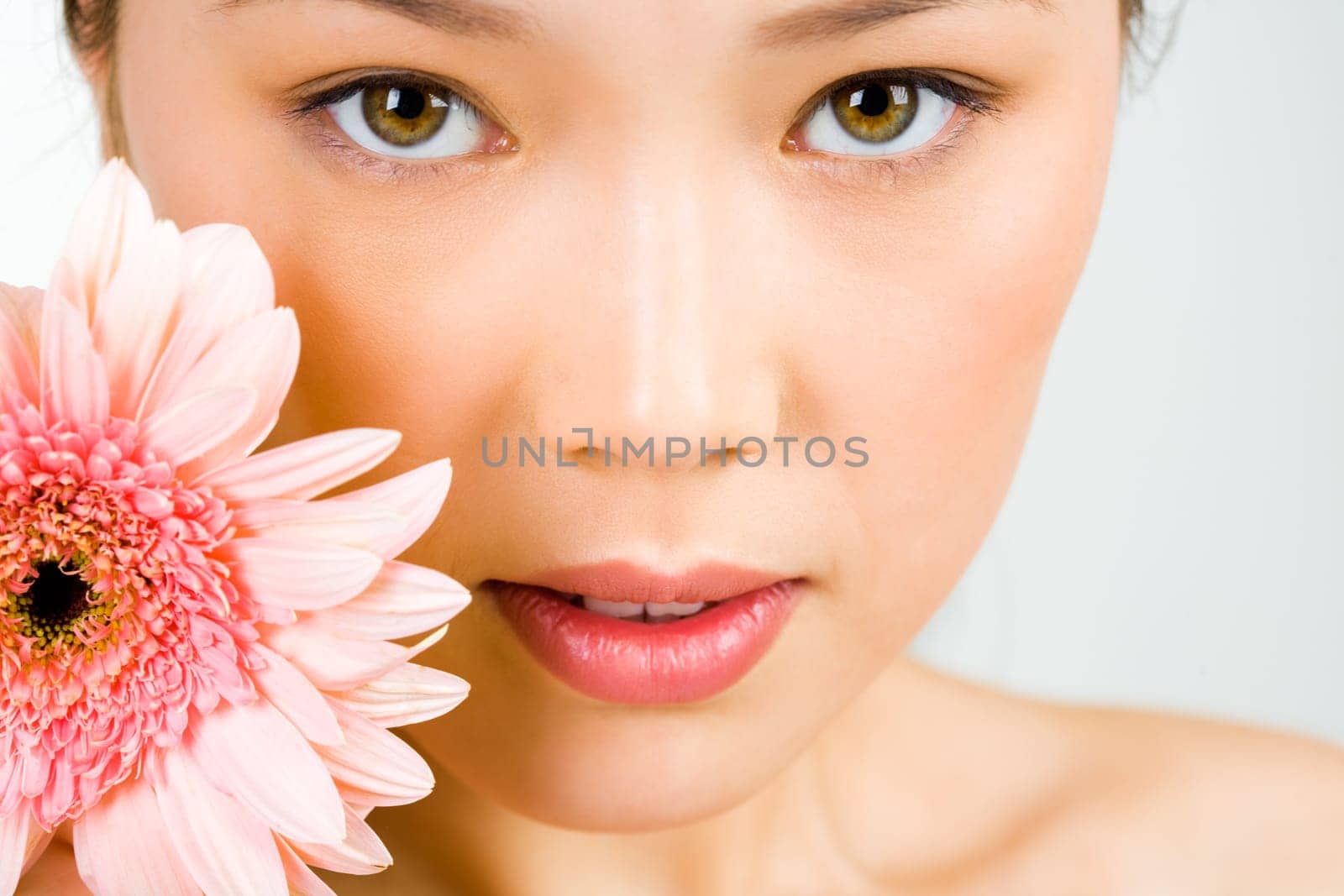 Closeup of beautiful young womans face looking at camera with a pink chrysanthemum near by