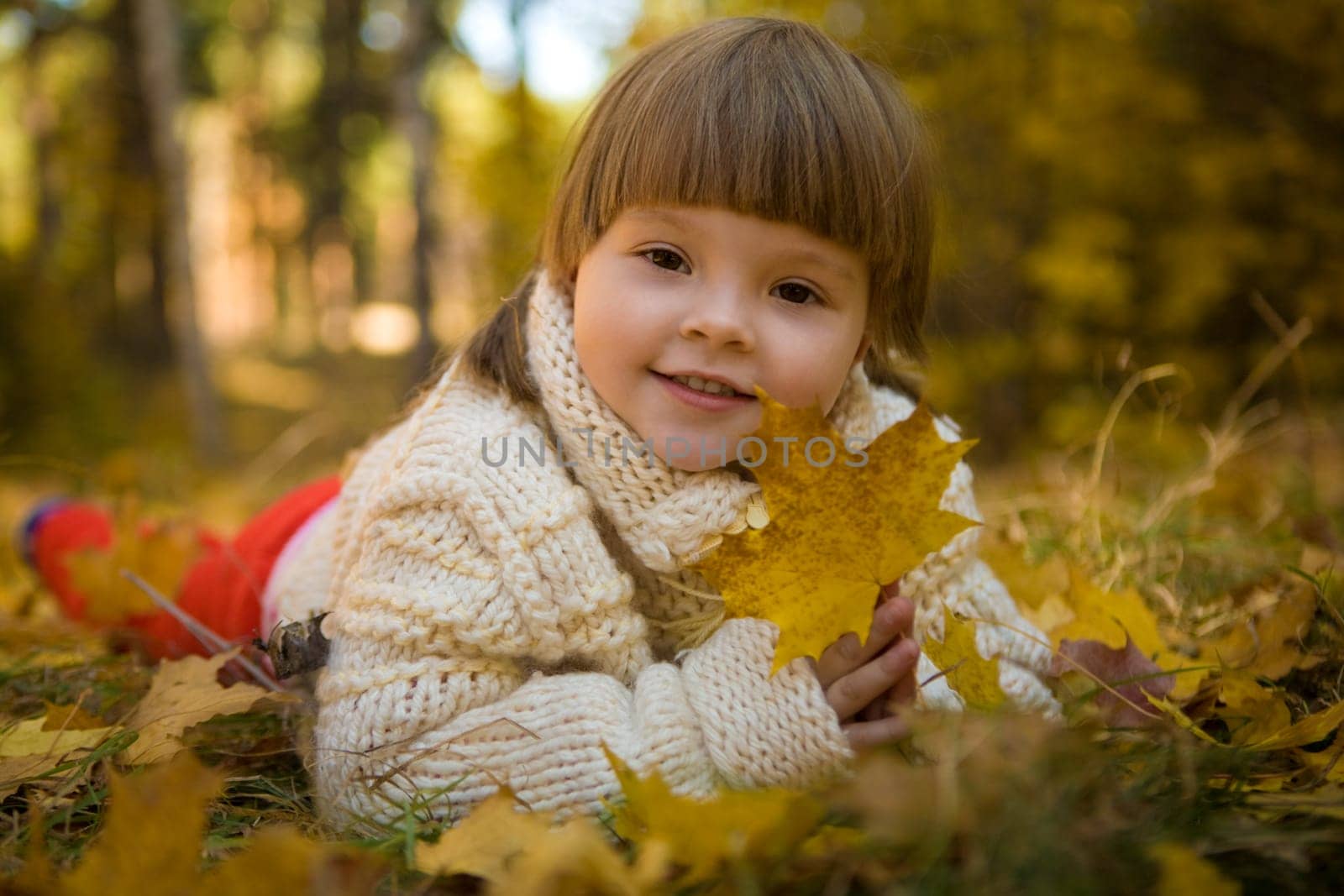 Photo of small pretty girl holding dry maple leaf in hands and looking at camera