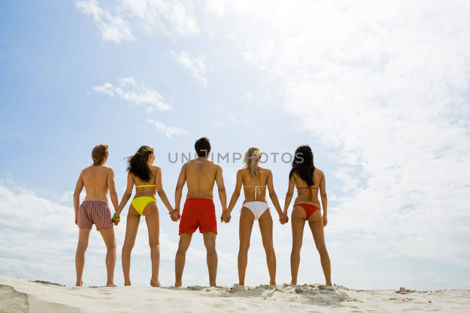 Rear view of friends holding by hands and looking at cloudy sky