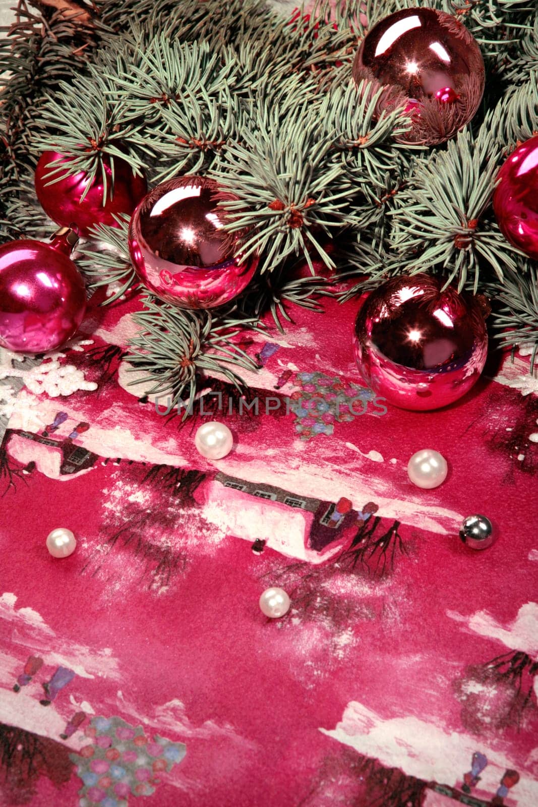Christmas elements: twig with red balls and beads