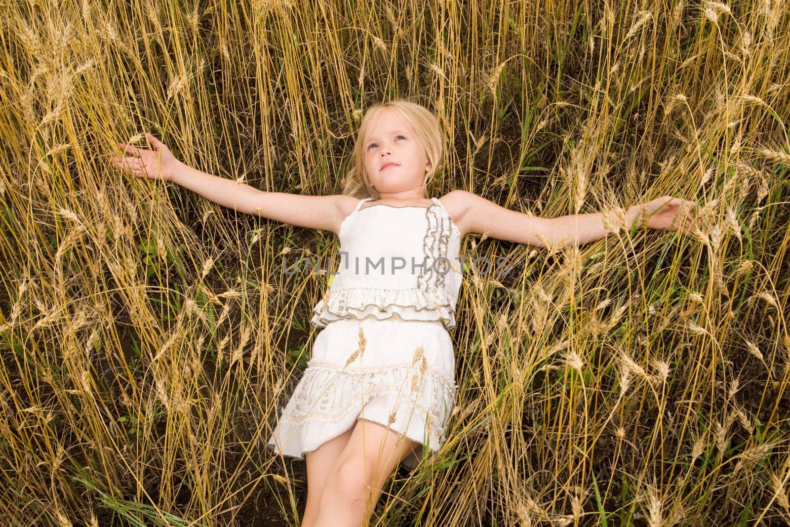 Image of youthful girl lying in wheat with peaceful expression