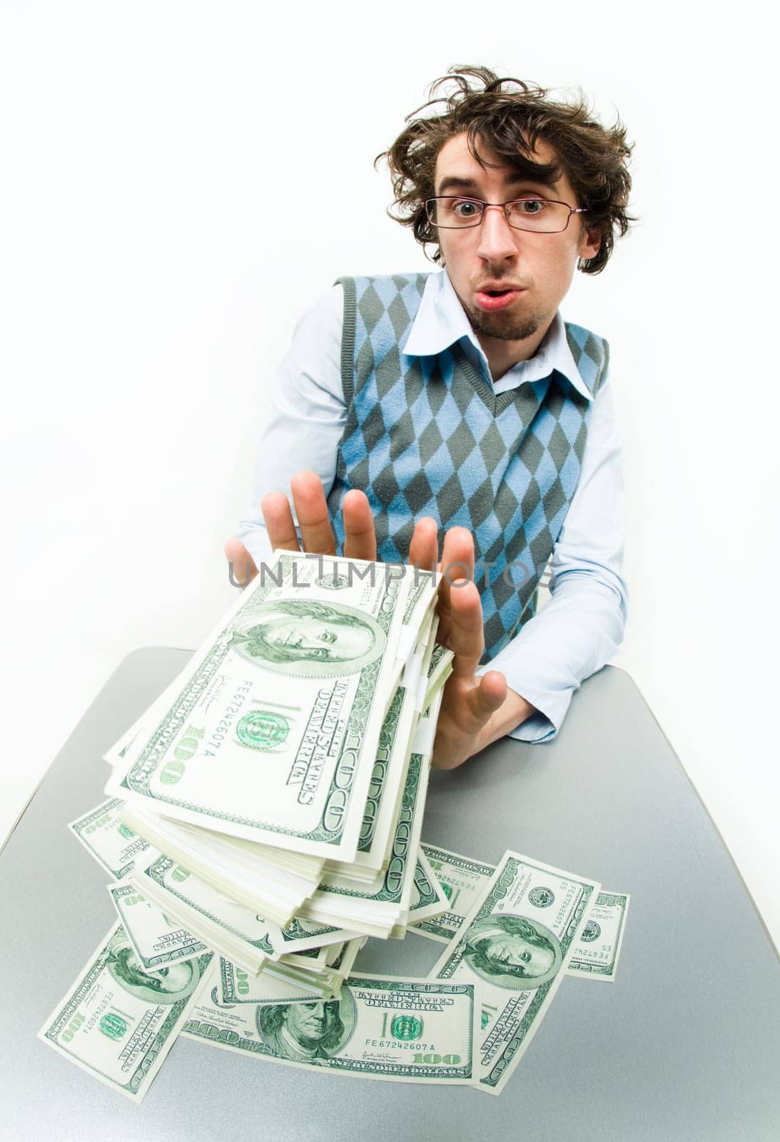 Portrait of strange man refusing to take money