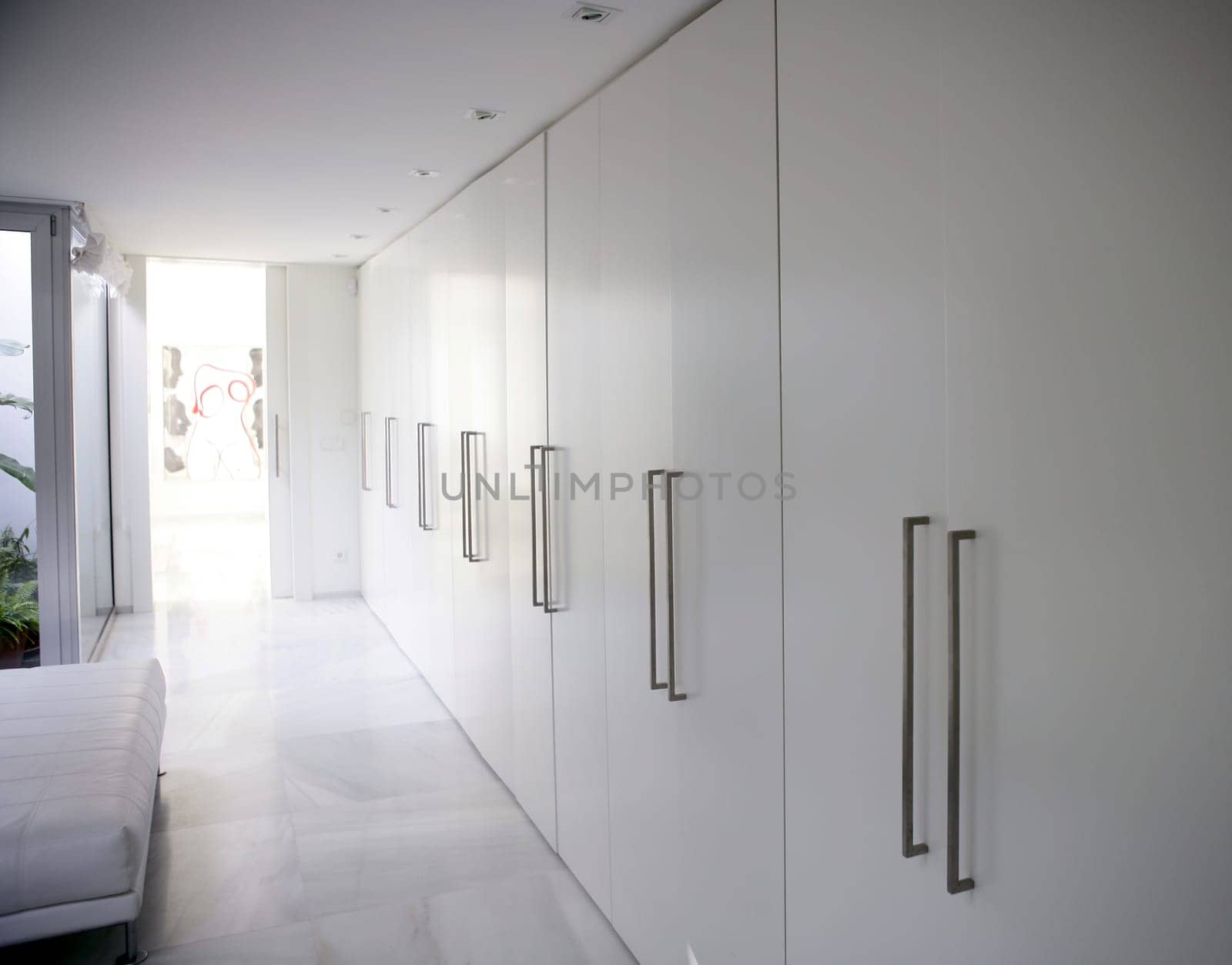 modern white long marble flooring corridor closet, contemporary wardrobe
