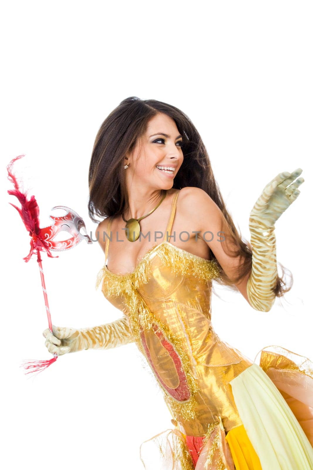 Portrait of laughing girl or actress in theatre taking part in scene
