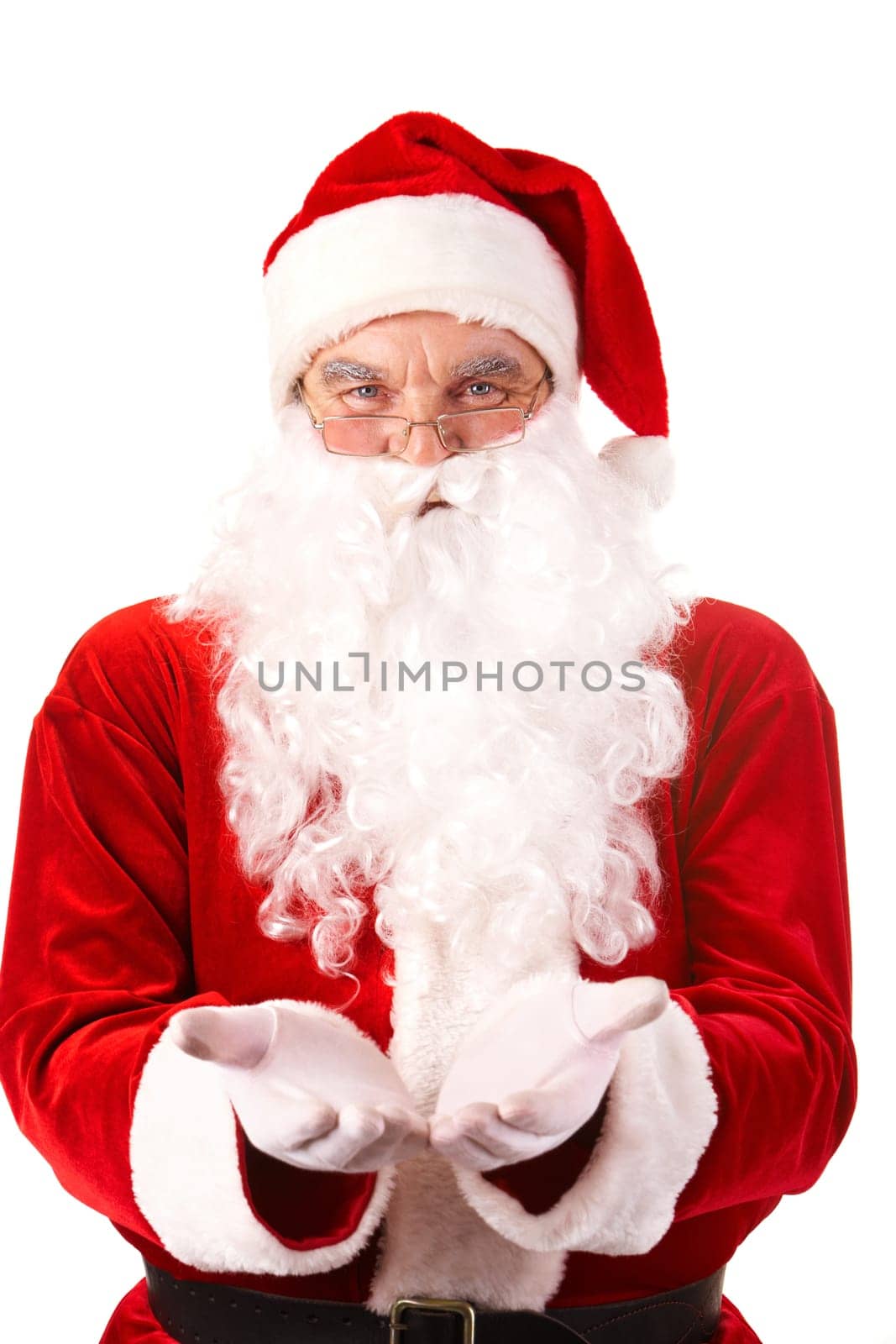 Photo of happy Santa Claus with open palms looking at camera