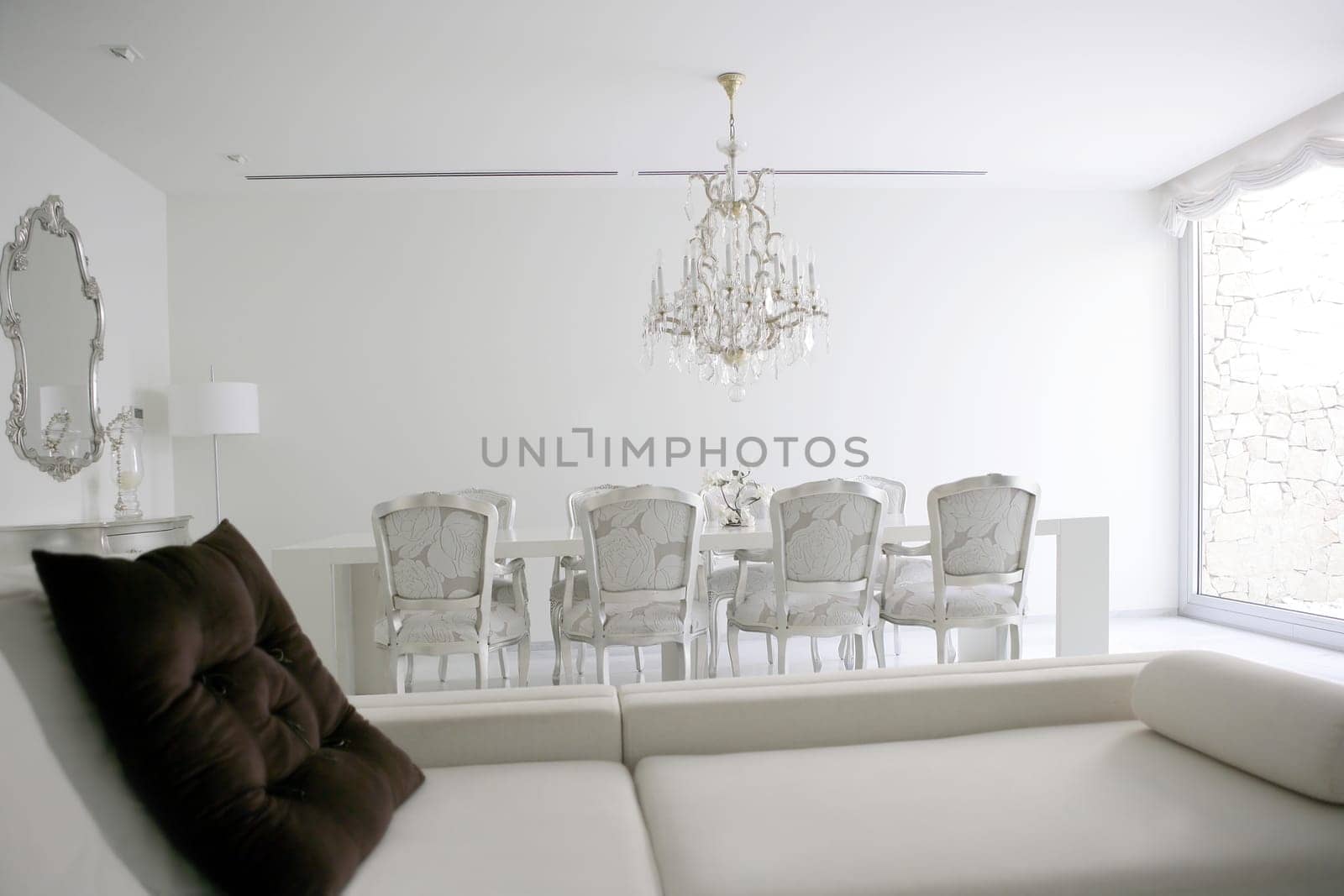 Dining room, lounge area white interior decoration house