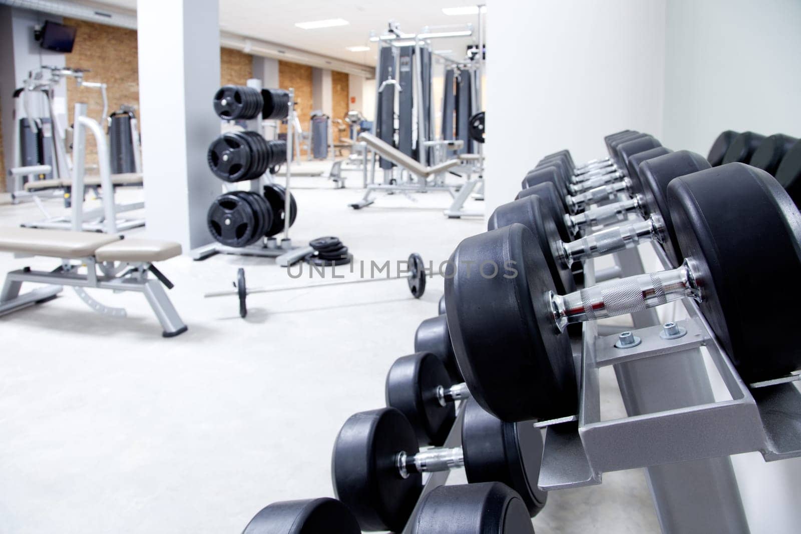 Fitness club weight training equipment gym modern interior