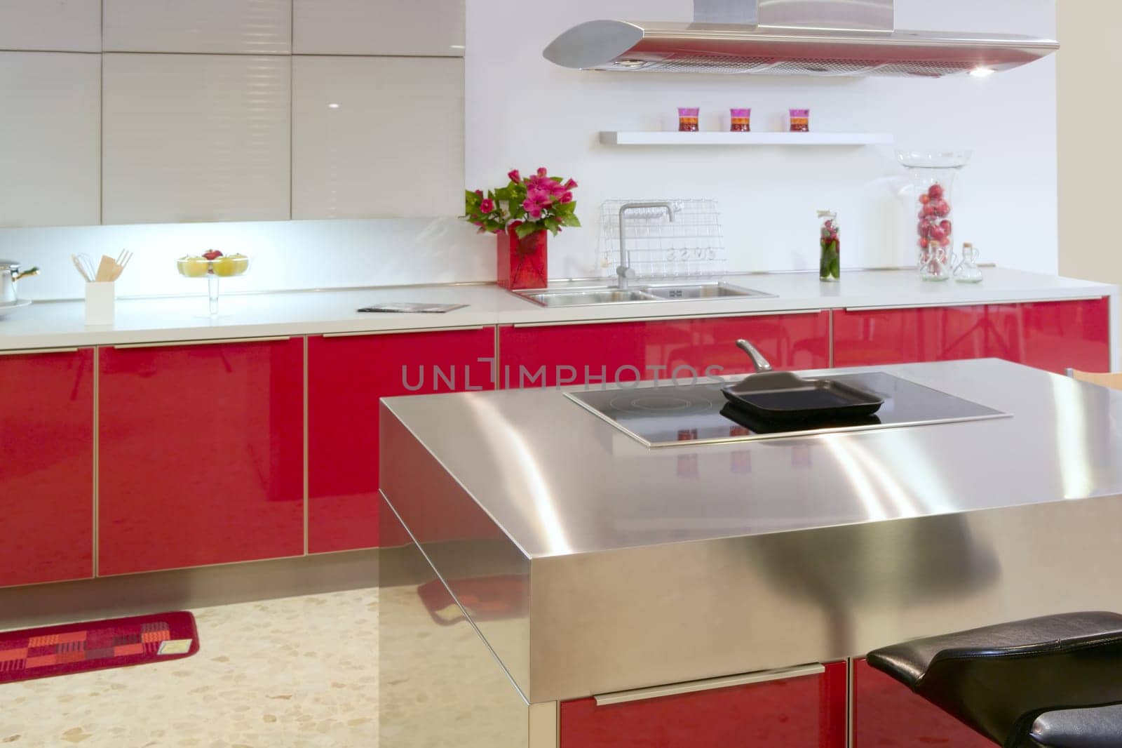 Red island kitchen silver modern interior house architecture
