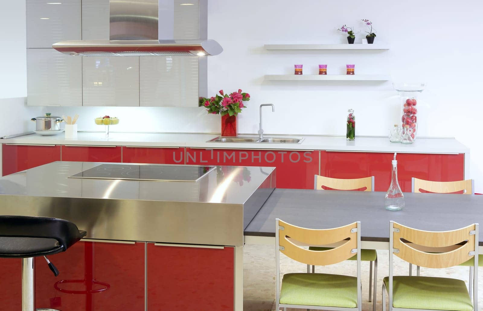 Red island kitchen silver modern interior house architecture