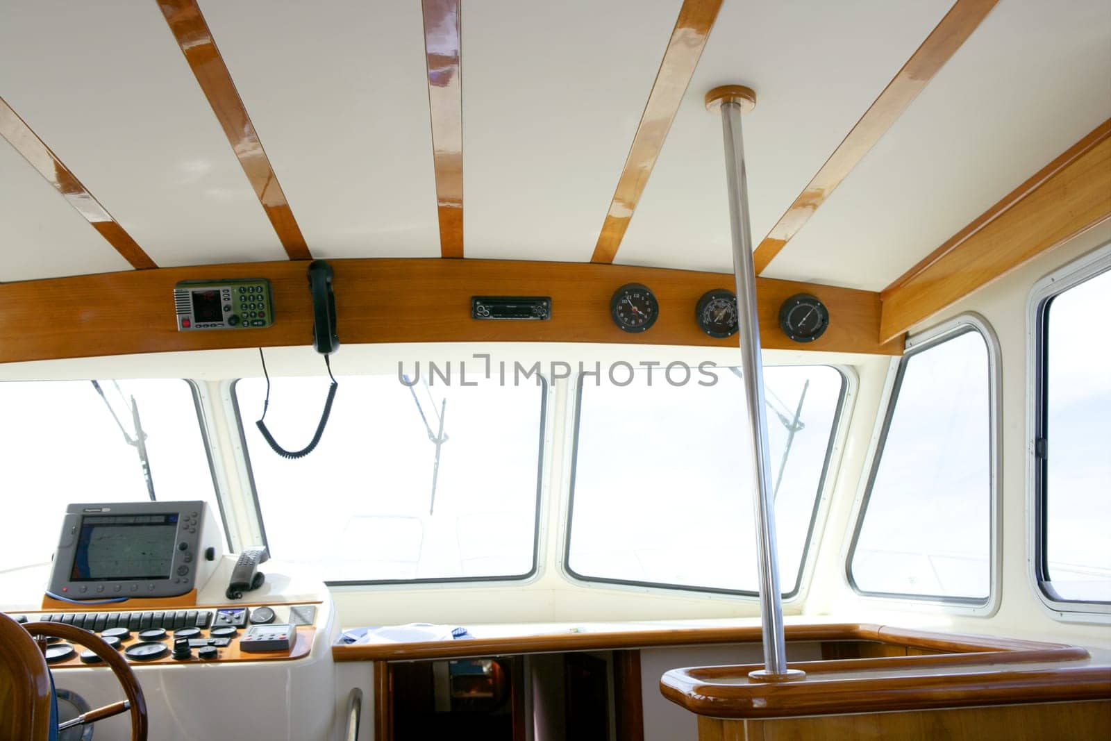 Classic fishing nice boat white and wood interior, backlight