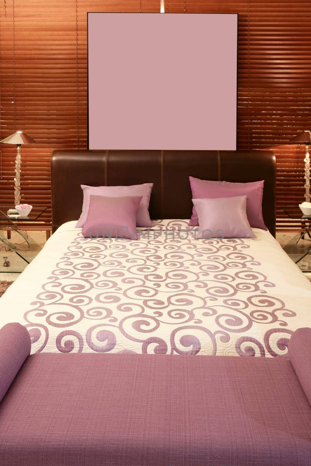 purple bedroom bed warm wood sunblind background
