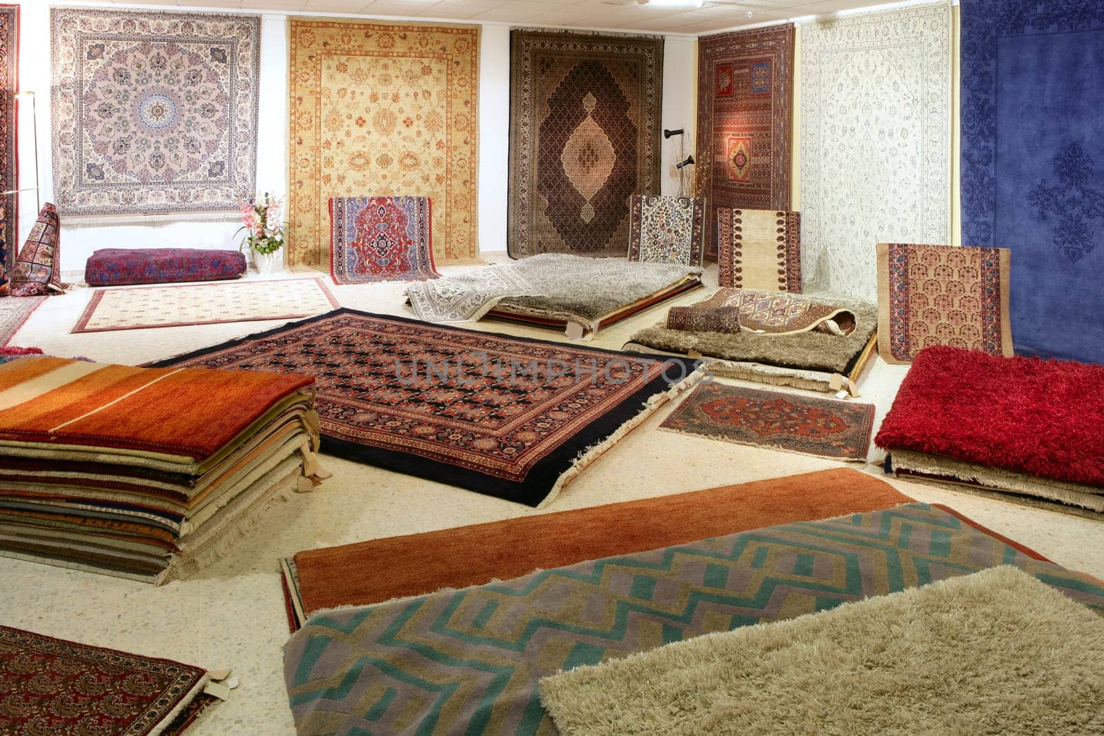 Arabic carpet shop exhibition colorful carpets exposition room