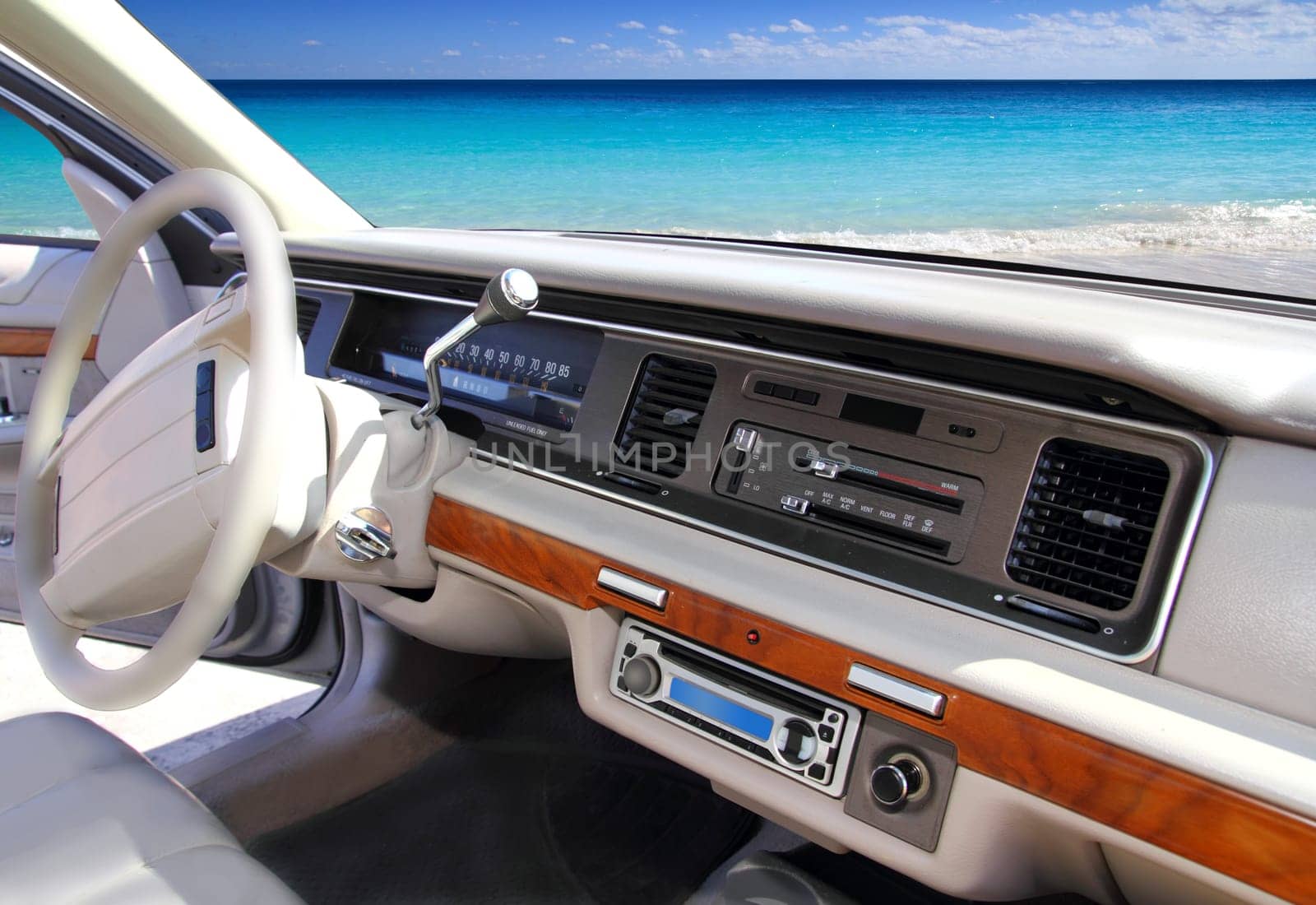 retro vintage car indoor with tropical Caribbean beach in window