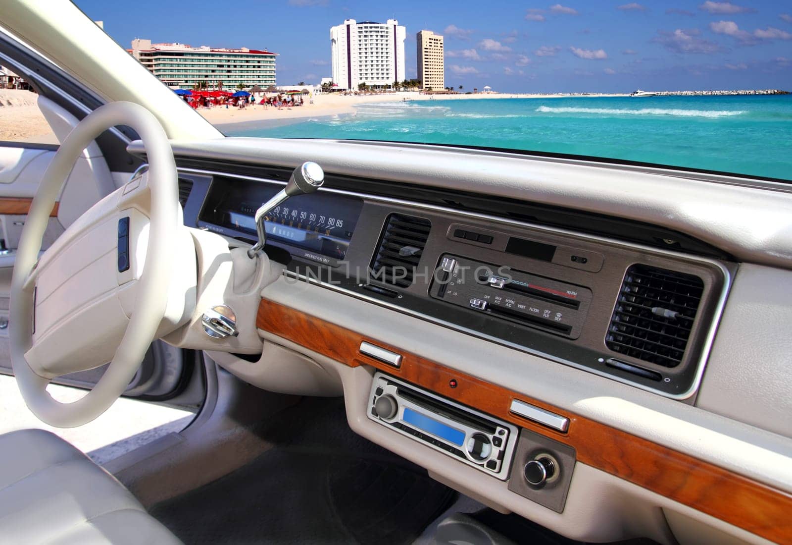 car indoor retro vintage with Cancun mexico beach in window