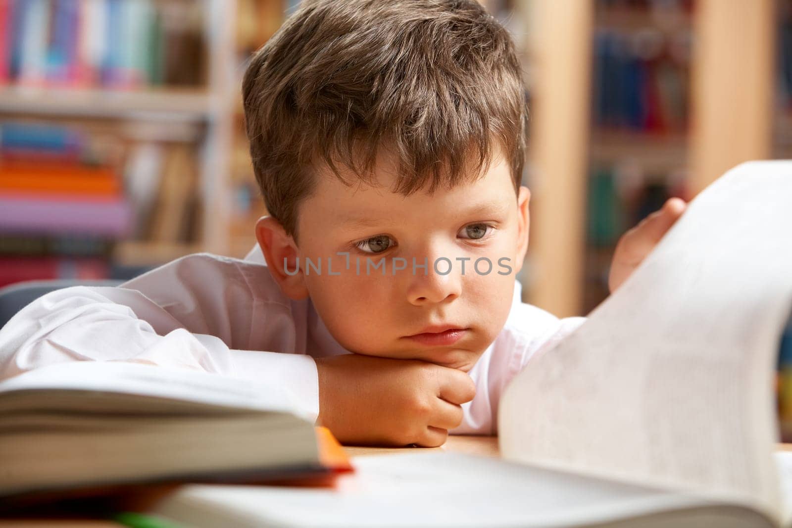 Close-up of cute boy preparing for lesson in library