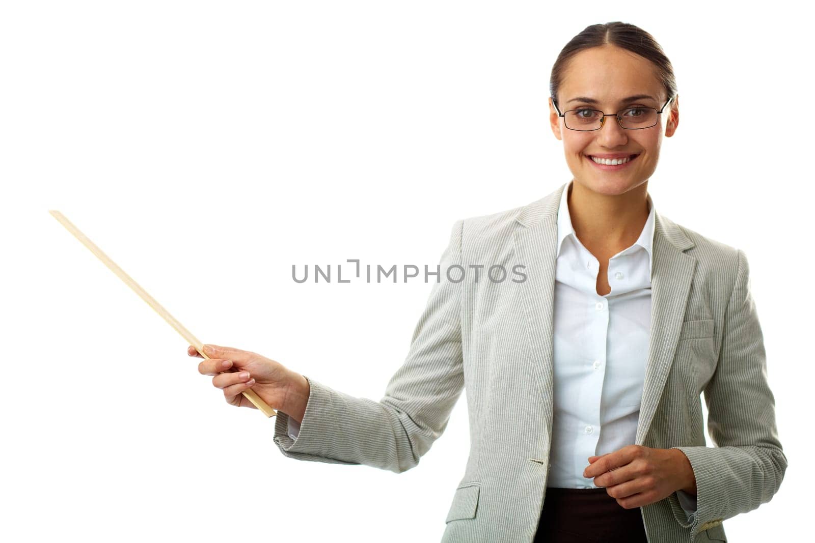 Portrait of smiling teacher looking at camera in isolation