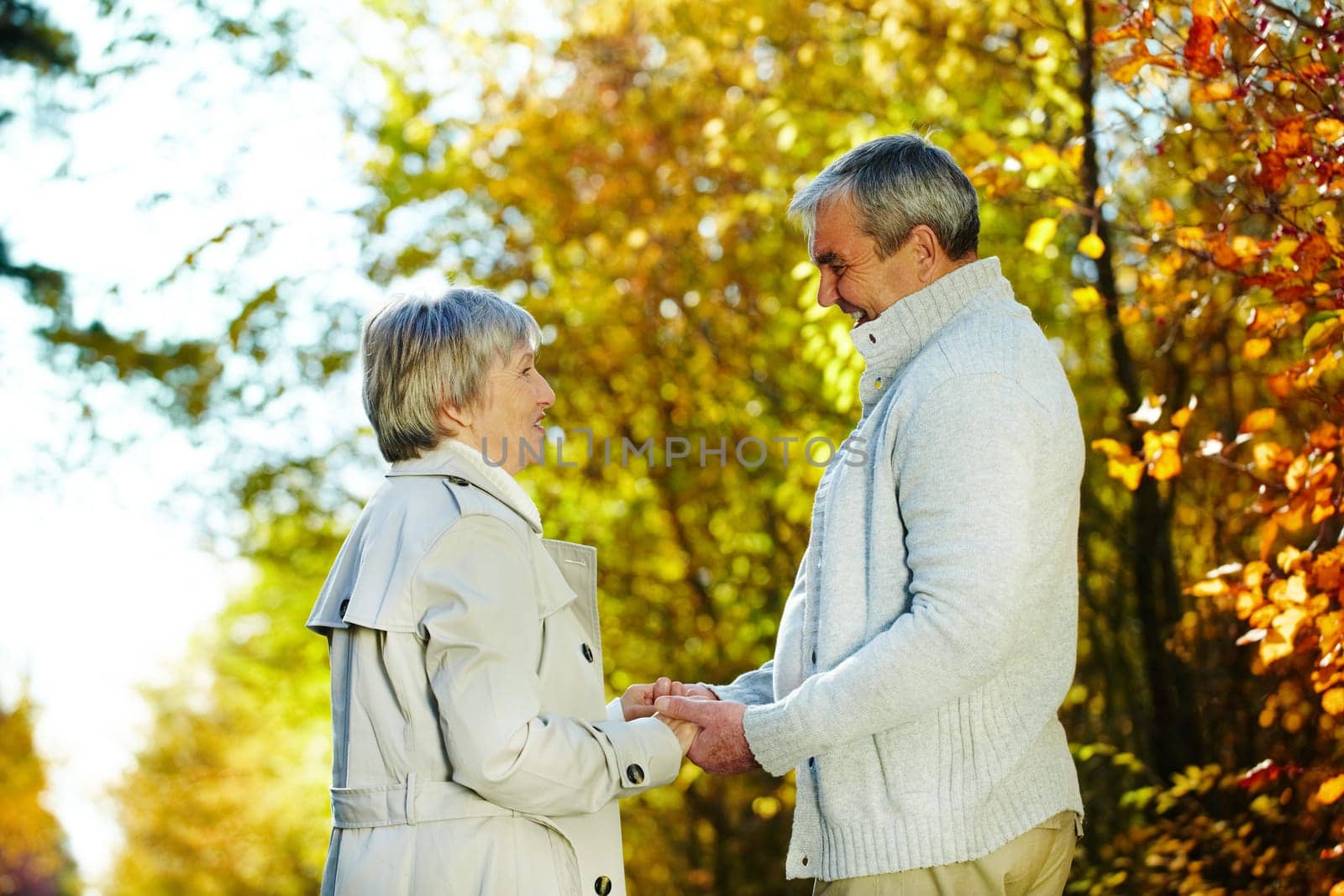 Photo of senior couple looking at each other in the park