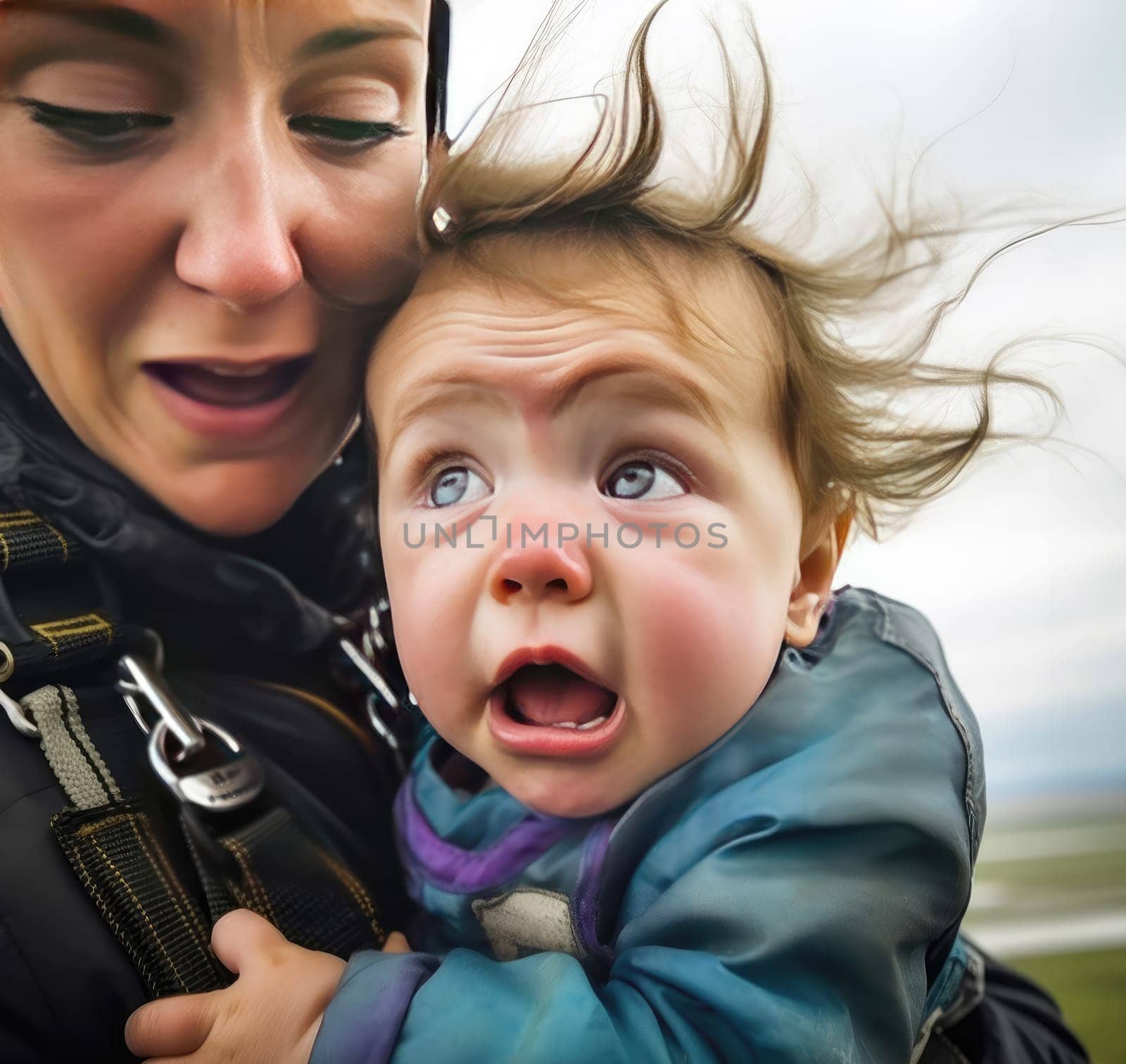 Family extreme sports. Joint parachute jump for mum and child. The delight and emotions of free fall.