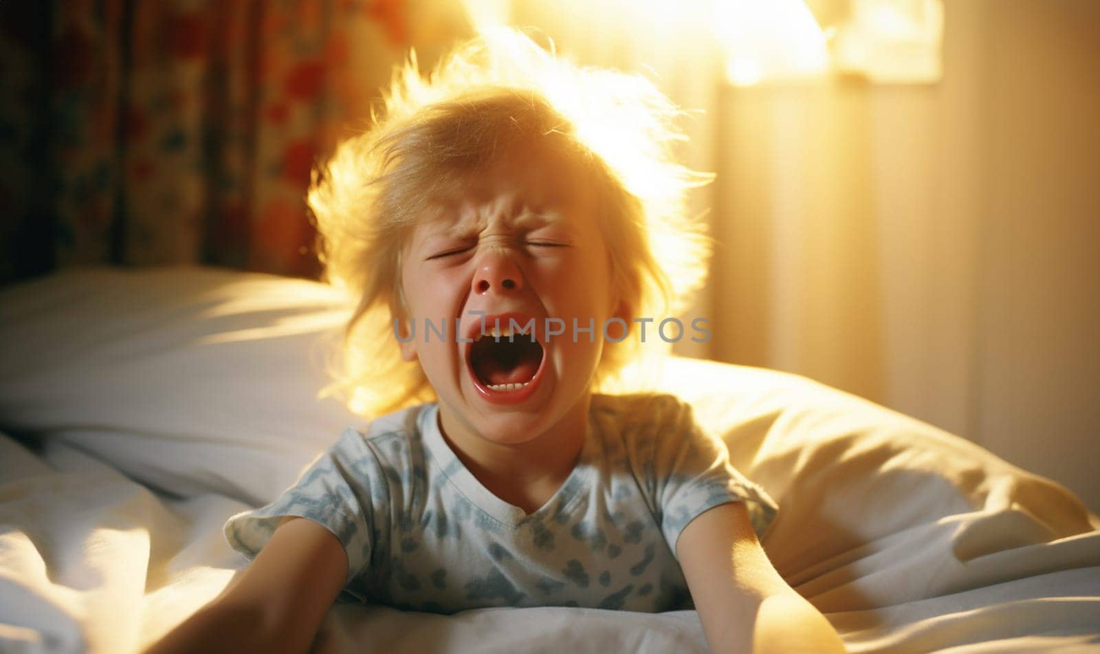 Child cries in bed before bed time, Closeup young girl hurt in pain crying in white bed copy space. Lonely depress stress angry unhappy kid terrible two concept copy space Space for text