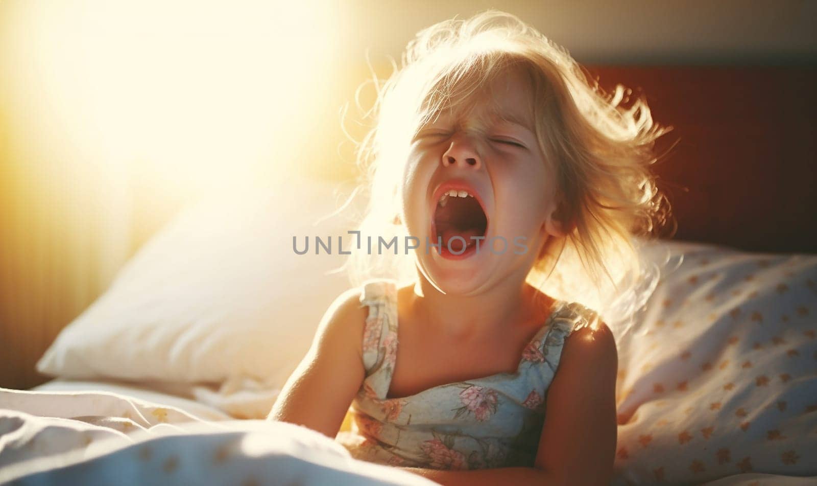 Child cries in bed before bed time, Closeup young girl hurt in pain crying in white bed copy space. Lonely depress stress angry unhappy kid terrible two concept copy space Space for text