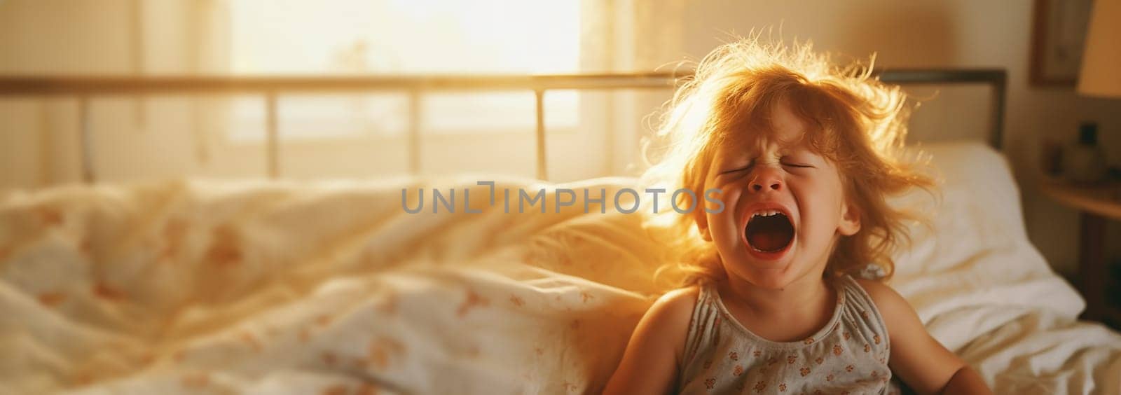 Child cries in bed before bed time, Closeup young girl hurt in pain crying in white bed copy space. Lonely depress stress angry unhappy kid terrible two concept copy space Space for text