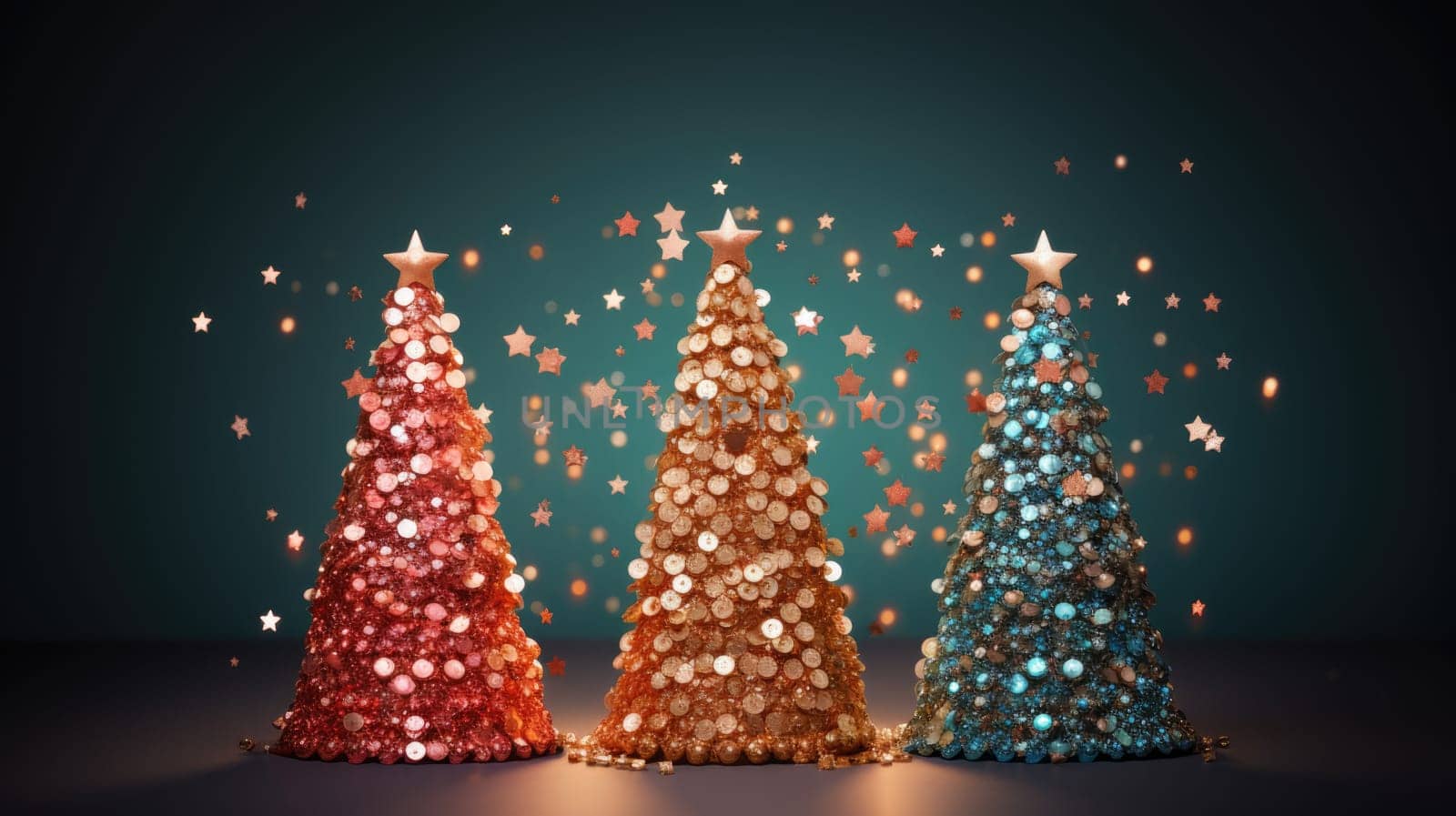 christmas tree xmas holiday decoration with glitter bokeh background, ai