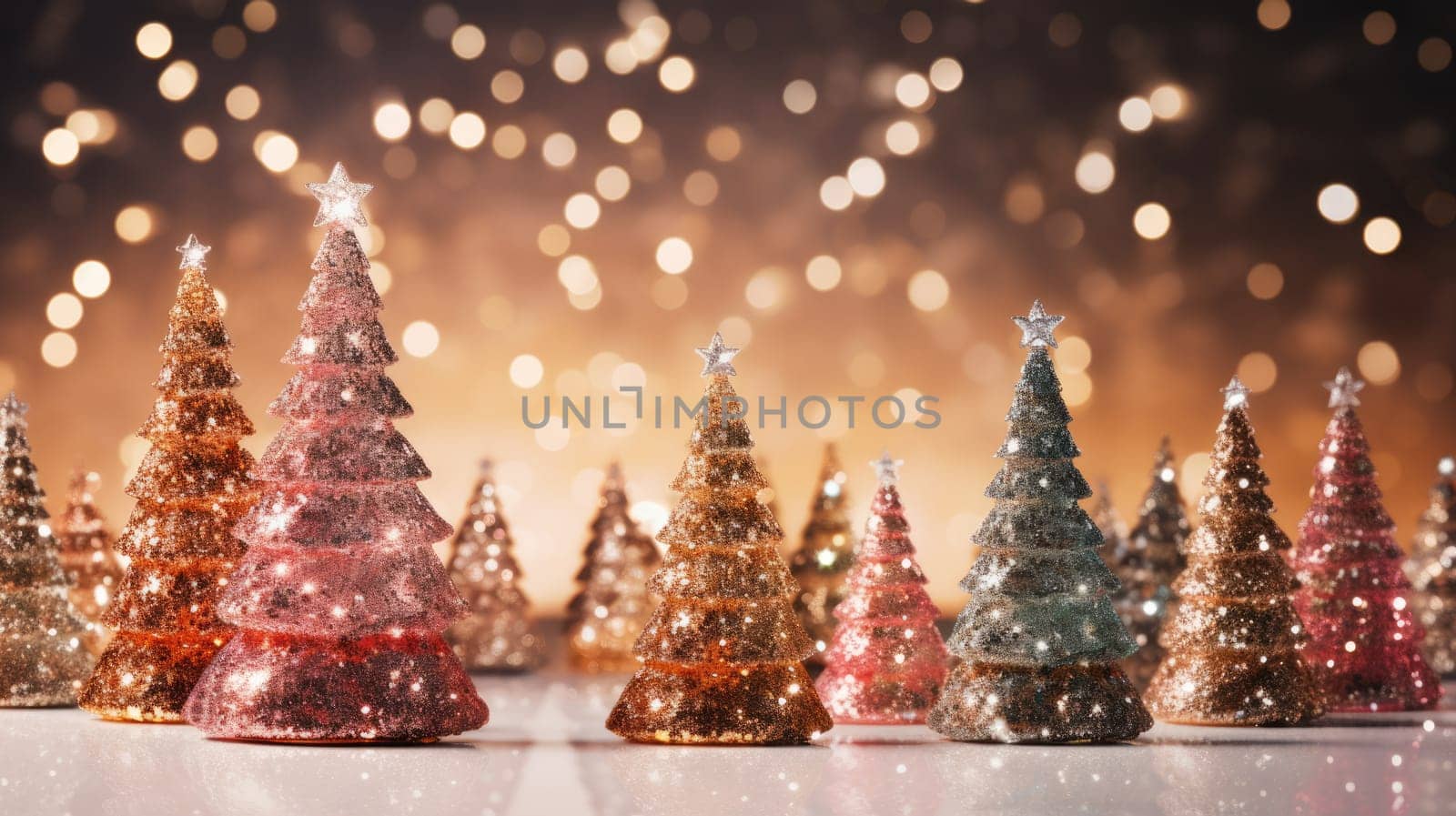 christmas tree xmas holiday decoration with glitter bokeh background, ai